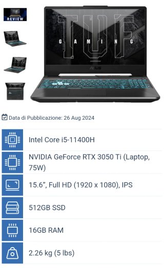 Notebook Gaming Asus Tuf F15 Nero