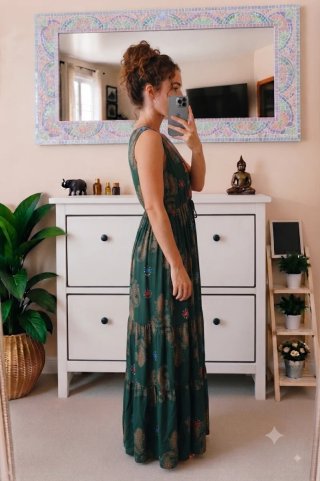 Vestido largo boho verde con bordados a mano