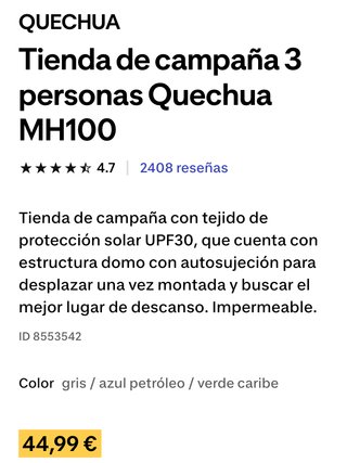 Tienda campaña Quechua MH100 (3 personas)