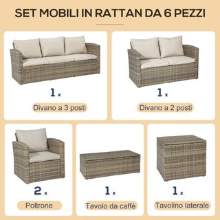 Set da Giardino 6 Pezzi in Rattan con Divani, Polt