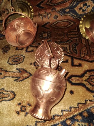 Antiguo Juego 3 piezas cobre y bronce de colgar