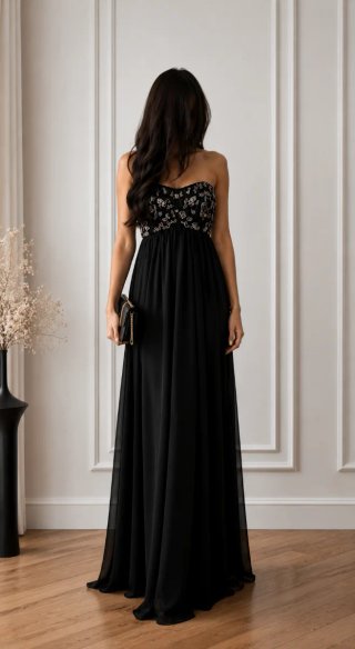 Vestido largo negro con pedrería