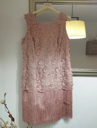 Vestido OLIMARA rosa encaje flecos T46