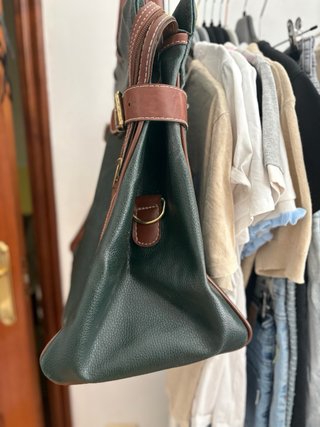 Maleta de mano vintage piel verde y marrón