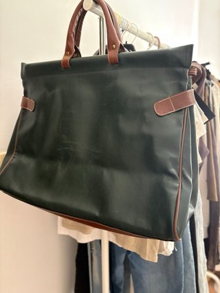 Maleta de mano vintage piel verde y marrón