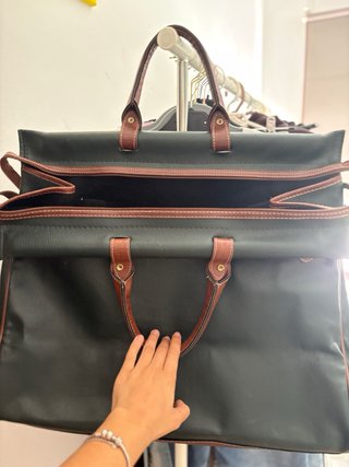Maleta de mano vintage piel verde y marrón