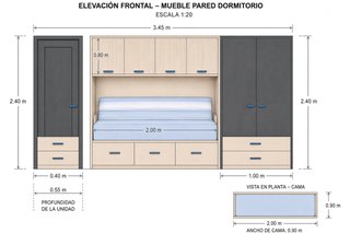 Cama, escritorio y armarios de dormitorio
