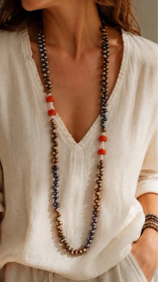 Collar largo perlas barrocas boho tonos bronce