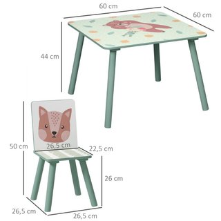 Conjunto infantil 1 mesa y 2 sillas verde motivos