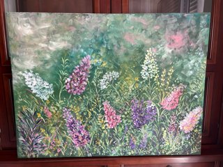 Pintura al óleo paisaje floral hecho a mano
