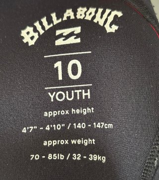 Traje Neopreno Niños Billabong. Talla 10