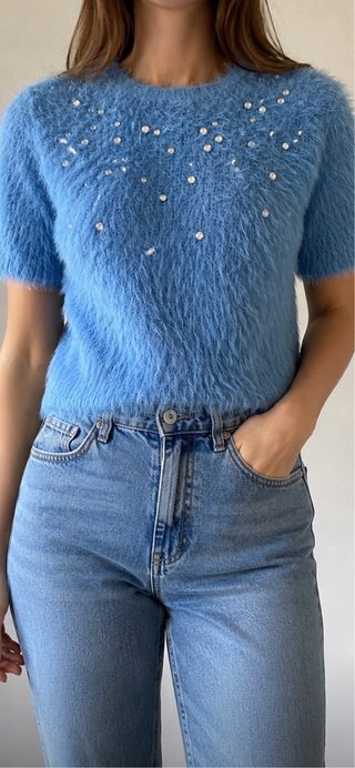 Jersey Zara Azul Peludo con Pedrería Talla S