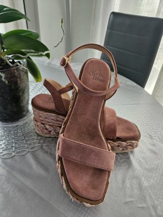 Sandalias Alma Blue cuña esparto rosa