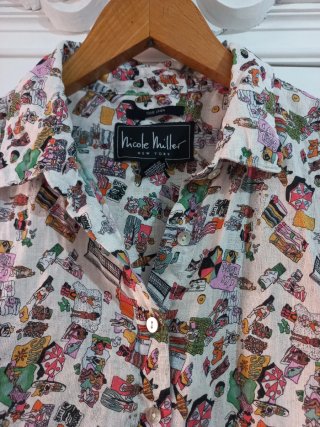 Camisa lino Nicole Miller Estampado Playa Vintage
