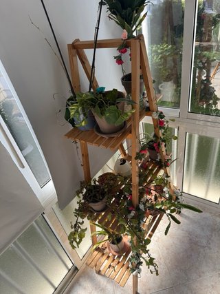 Estantería artesanal de madera para plantas