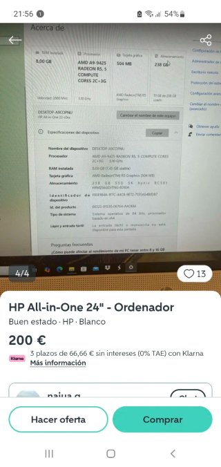 Ordenador HP Todo en Uno Blanco