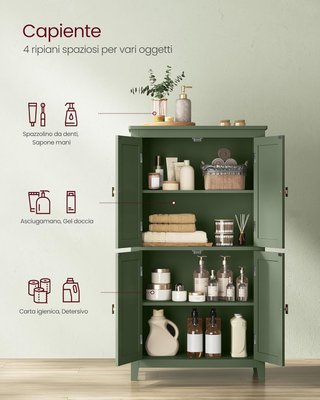 Mueble de Baño, Mueblecito de Baño, Credenza de Cocina, Armario con 4 Puertas, Estantes Regulables, 30 X 60 X 110 Cm, Verde Bosque BBC552C01