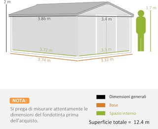 Capanno da Giardino 12,4 m² in Acciaio Zincato con Aerazione, Tetto Inclinato, Doppie Porte Scorrevoli Bloccabili, Capanno per Attrezzi, 340x386x200 cm, Grigio