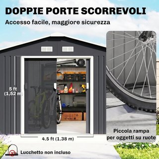 Capanno da Giardino 12,4 m² in Acciaio Zincato con Aerazione, Tetto Inclinato, Doppie Porte Scorrevoli Bloccabili, Capanno per Attrezzi, 340x386x200 cm, Grigio