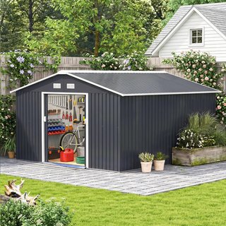 Capanno da Giardino 12,4 m² in Acciaio Zincato con Aerazione, Tetto Inclinato, Doppie Porte Scorrevoli Bloccabili, Capanno per Attrezzi, 340x386x200 cm, Grigio
