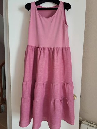 Vestido midi rosa de punto y lino