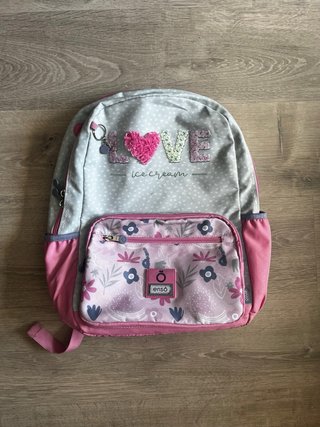 Mochila Enso gris y rosa con adornos