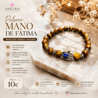 Pulsera Mano de Fátima Sakura Ojo de Tigre