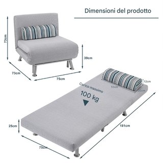 Sofá Cama 1 Plaza Individual de Hierro y Tela Recl