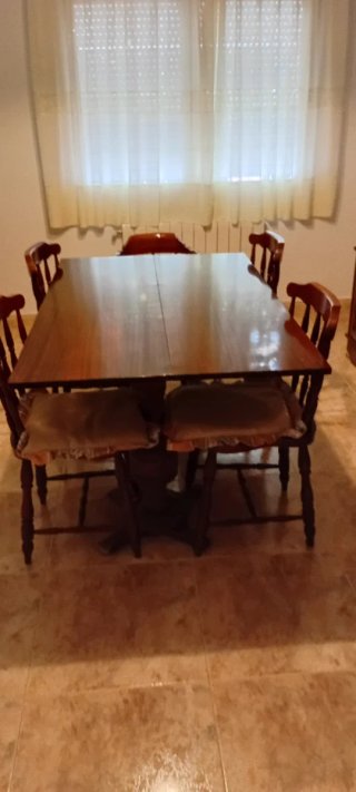 Mesa libro extensible + 6 sillas y 2 sillones