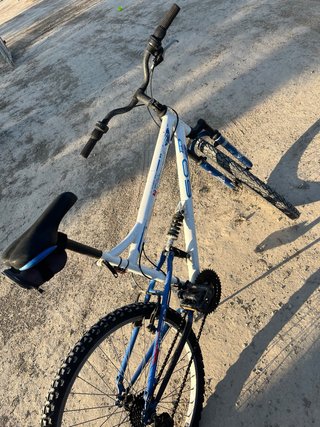 Bicicleta de montaña blanca y azul