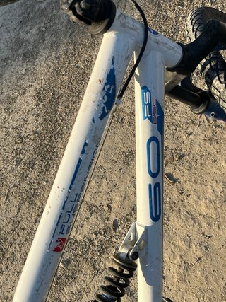 Bicicleta de montaña blanca y azul