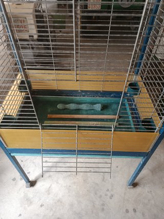 Jaula para loros azul y amarilla
