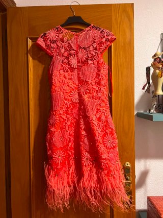 Vestido coral con plumas y pedrería