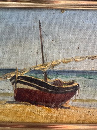 Óleo antiguo barca marinera playa