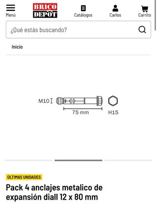 Pack 4 anclajes metálicos expansión 12x80mm