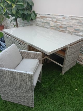 Conjunto mesa y sillas jardín cristal mimbre