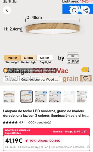 Plafón (lampara) LED redondo madera