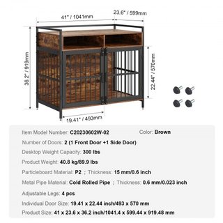 Mueble Estilo Perro Crate con Almacenamiento, 104.1 cm Mueble Crate para Perros Grandes con Puertas Dobles, Jaula de Madera para Perros Grandes/Medianos en Interior, Soporta hasta 31.8 kg, Marrón ...