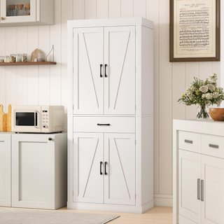 Alto Credenza de Cocina 183.5 Cm, Mueble de Cocina Con 6 Portaspecias en la Puerta, 4 Puertas de Estilo Granero y Cajón, Mueble de Despensa Rústico Con Estantes Regulables, para Comedor, Sala de E...