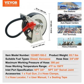 Carrete de Manguera de Combustible, 19.05 mm x 15.24 m, Carrete de Manguera Diesel Retráctil Extra Largo, Construcción de Acero Carbono de Alta Resistencia con Boquilla Automática de Combustible, ...
