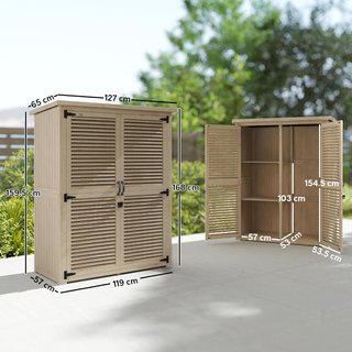 Armario de Jardín con 2 Estantes y Estacas, Casetas de Jardín de Madera de Abeto con Techo Impermeable de Asfalto, 127X65X159.5/168 Cm, Color Madera