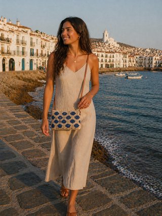 Bolso crochet beige y azul nuevo