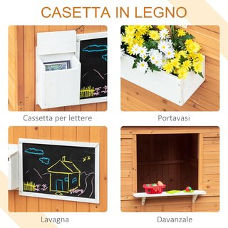 Casa de Niños de Madera con Puerta, Ventanas, Banco y Macetero, Casa de Juego para Jardín, 122X108X135.5Cm Amarilla