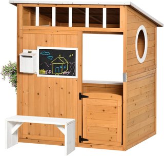 Casa de Niños de Madera con Puerta, Ventanas, Banco y Macetero, Casa de Juego para Jardín, 122X108X135.5Cm Amarilla