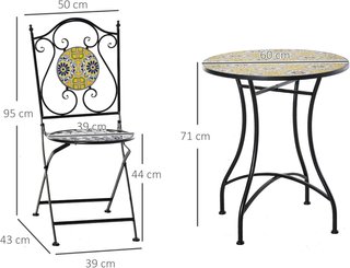 Set da Giardino e Balcone in Metallo, 3 Pezzi, Pieghevole con Piastrelle Colorate, Multicolore