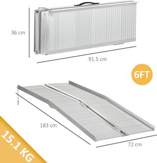 Rampa para Silla de Ruedas y Scooter para Discapacitados Plegable, Aleación de Aluminio Antideslizante Capacidad 272 Kg, 183X72X5 Cm, Plata