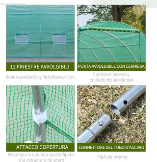 Invernadero de Jardín en Túnel 8X3X2 M con Puerta Enrollable, Invernadero para Huerto en Cúpula con 12 Ventanas, Cubierta de PE y Estructura de Acero, Verde