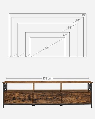 Mueble TV, Mesa Porta TV Hasta 80 Pulgadas, Con 3 Cajones, 3 Compartimentos Abiertos, 178 X 40 X 50 Cm, Sala De Estar, Dormitorio, Estructura De Acero, Marrón Vintage Y Negro LTV302B01