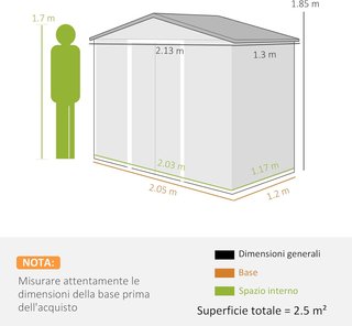 Casetta da Giardino 2,5 m² in Acciaio Zincato con Base e Ventilazioni, Capanno per Attrezzi con Tetto Inclinato, Doppie Porte Scorrevoli Bloccabili, 213x130x185 cm, Bianco Argentato