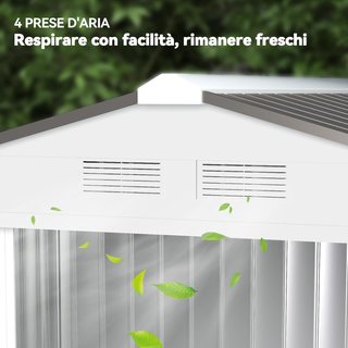 Casetta da Giardino 2,5 m² in Acciaio Zincato con Base e Ventilazioni, Capanno per Attrezzi con Tetto Inclinato, Doppie Porte Scorrevoli Bloccabili, 213x130x185 cm, Bianco Argentato